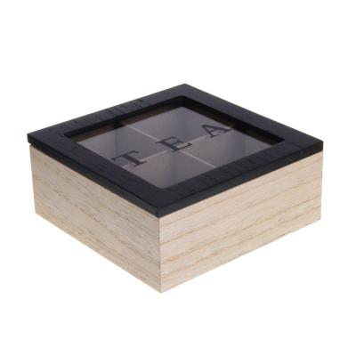 Коробка деревянная для чая с 4 отделениями, 16х16х7 см, МДФ, стекло